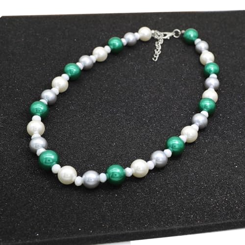 AAA+ Simulated Pearl Strand Necklace Colorful 10mm Pearls Choker Necklaces for Women 1920s Long Costume Jewelry Gift - color: emerald choker pearl