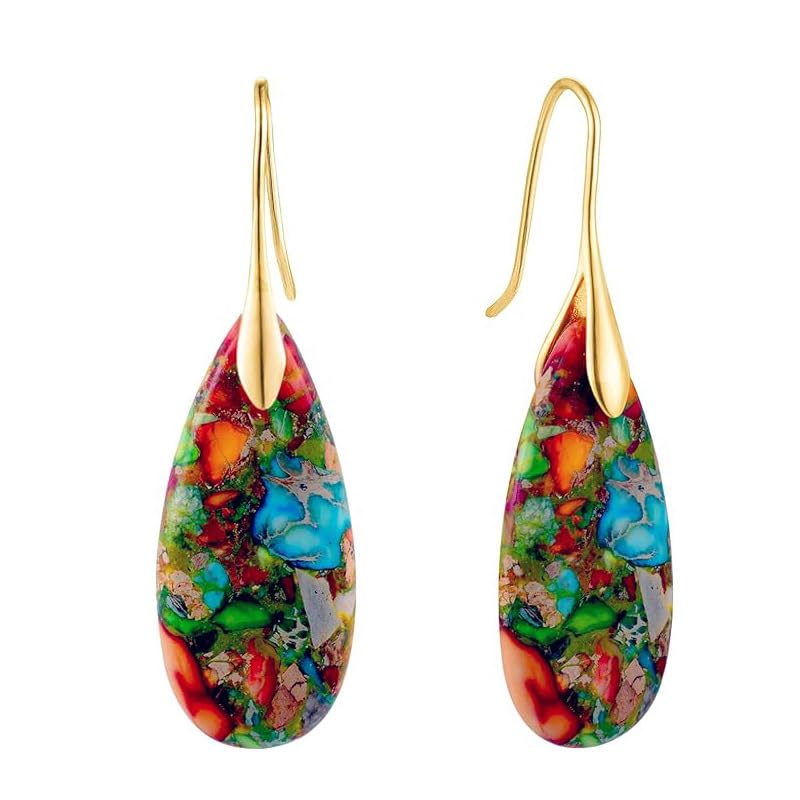 Boho Natural Imperial Jasper Teardrop Dangle Earrings for Women – Hypoallergenic French Hook Stone Drop Earrings Jewelry - color: Colorful Golden Hook #3