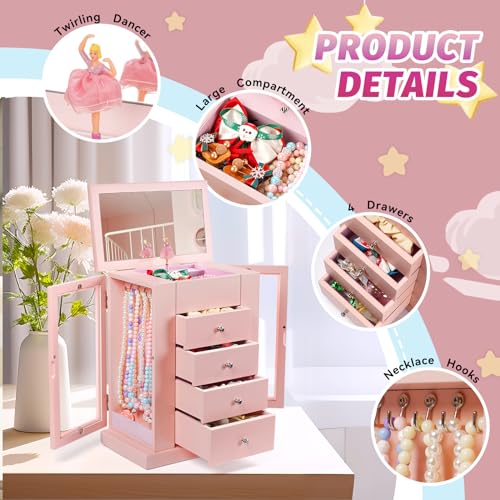 Emfogo Jewelry Box for Girls, Musical Jewelry Box with Spinning Dancer Gifts for Little Girls Christmas New Year Birthday Children's Day, 5 Layer Large Wooden Kids Music Jewelry Organizer Box(Pink) - color: Pink