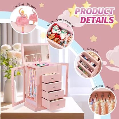 Emfogo Jewelry Box for Girls, Musical Jewelry Box with Spinning Dancer Gifts for Little Girls Christmas New Year Birthday Children's Day, 5 Layer Large Wooden Kids Music Jewelry Organizer Box(Pink) - color: Pink