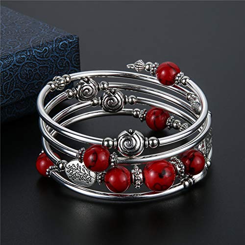 Beaded Pearl Bangle Wrap Bracelet - Fashion Bohemian Jewelry Multilayer Charm Bracelet with Thick Silver Metal Beads, Gift For Women - color: 13-Red