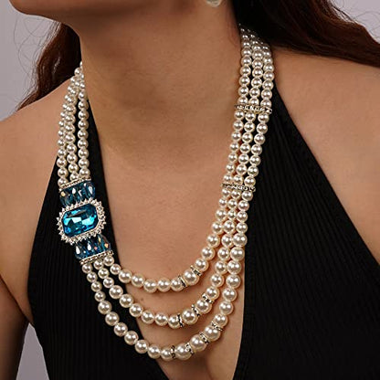 Aimimier 1920s 3-layered White Faux Pearl Necklace and Earrings Set with Crystal and Rhinestone Bridal Long Pearl Necklace Statement Women Jewelry - color: Aqua blue