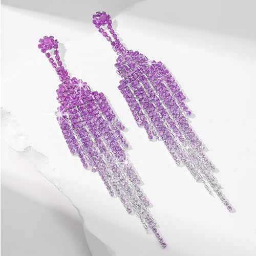 Rhinestone Earrings Prom Earrings for Women Sparkly Long Tassel Chandelier Drop Statement Earring Jewerly Gifts Wedding Party Prom Dresses Accessories - color: A4: purple prom earrings