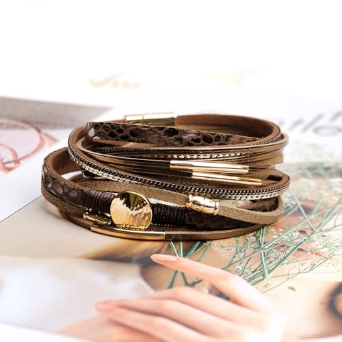 Fesciory Leather Wrap Bracelet for Women, Boho Western Layered Cuff Jewelry | Stackable Bracelets, Easy-On Clasp, Daily Wear, Pairs with Boho Western Outfits, Gift for Women - color: Brown5
