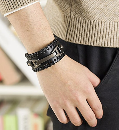 Leather Bracelet for Men Braided Stainless Steel Mens Bracelets - color: Black 1