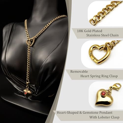 Heart Layer Pendant Necklace for Women, Adjustable Slip Chain with Colorful Gemstone & Heart Clasp - color: Gold-Red