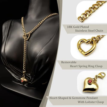 Heart Layer Pendant Necklace for Women, Adjustable Slip Chain with Colorful Gemstone & Heart Clasp - color: Gold-Red