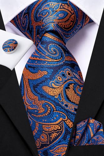 Dubulle Mens Paisley Striped Tie Woven Necktie for Men and Handkerchief Cufflinks Set Wedding Formal Business - color: Dark Blue