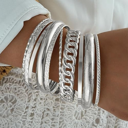 ÌF ME Gold Bangle Bracelets for Women, Indian Bangles Stackable Set, Multi Layer Textured 18K Gold Plated Chunky Bracelets Boho Jewelrys Set - style: C-silver-10PCS Chunky bangle