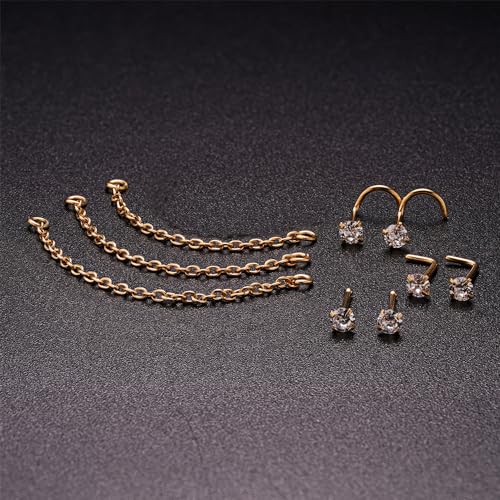 Nose Ring Chain Across Nose Black Stainless Steel Nostril Nose Piercing Chain with Cubic Zirconia Nose Screw Bone L-Shaped Ring for Women Body Piercing Nostril Jewelry with Bridge Chain - color: Gold-Single Nose Chain Studs