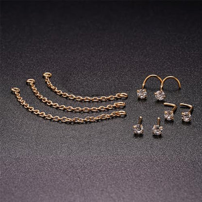 Nose Ring Chain Across Nose Black Stainless Steel Nostril Nose Piercing Chain with Cubic Zirconia Nose Screw Bone L-Shaped Ring for Women Body Piercing Nostril Jewelry with Bridge Chain - color: Gold-Single Nose Chain Studs