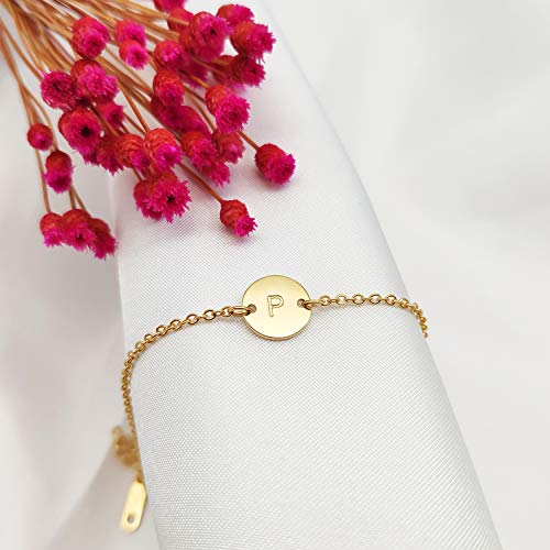 Ovian Initial Charm Bracelet for Women 18K Gold Plated stainless steel Coin Disc Engraved Letter Bracelet Personalized Monogram Name Bracelet - color: P
