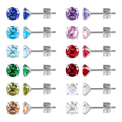 12 Pairs 18K Gold Plated Surgical Stainless Steel Stud Earrings, Star Heart Square Stud Earring for Women, Cubic Zirconia Birthstone Stud Earrings Set - color: Silver round 3mm