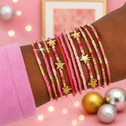 Gold Beaded Bracelets Stack for Women Stocking Stuffers 12PCS Boho Gold Plated Seed Beads Bracelet Stretch Star Stackable Accessories Jewelry Friendship Fall Christmas Gifts for Women - color: Pink