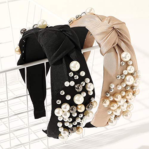 Ivyu Headbands - Knotted Pearl Diademas Para Mujer De Moda Hair Accessories Hairbands for Girls No Slip Fashion Cute Top Knot Headband Gift for Women Black Pink Gold - color: Black Pink Beige