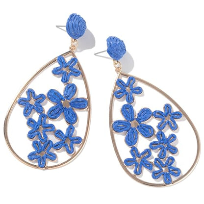 Boho Raffia Flower Teardrop Earrings Cute Colorful Dangle Trendy Jewelry | Floral Drop Statement Big Dangling Earring Hypoallergenic Gold Fun Unique Summer Spring Beach Vacation Outfits for Women - color: Royal Blue