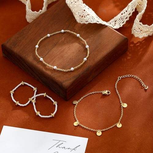 ASCOMY Ankle Bracelets for Women 14K Gold/Silver Plated Anklets for Women Waterproof Layered Cute Beads Dot Shining Twist Rope Chain Pearl Bar Link Heart Anklets Summer Beach Foot Chain Jewelry Gifts - style: 3Layered Millet Bead-GD
