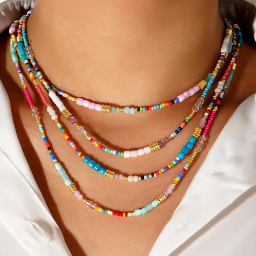 Gold Seed Beaded Necklaces for Women, Boho Handmade Adjustable Colorful Beads Choker Summer Beach Jewelry Gift. - color: Blue Pink