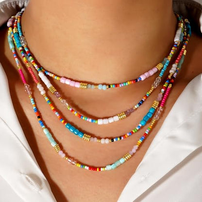 Gold Seed Beaded Necklaces for Women, Boho Handmade Adjustable Colorful Beads Choker Summer Beach Jewelry Gift. - color: White Blue