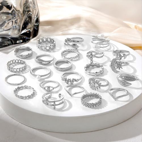 CHICUTIE Gold Knuckle Rings Set For Women Stackable Joint Finger Midi Rings Dainty Cubic Crystal Zirconia Simple Hollow Twist Cute Rings Pack Jewelry Gift - style: 52pcs Silver