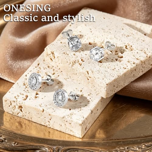 ONESING 6 Pairs Stud Earrings for Women 14K Gold/Silver Plated Hypoallergenic Cubic Zirconia Earrings Studs Stianless Round Square Heart CZ Stud Earrings Set for Women Men - color: Silver