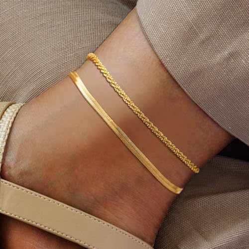 Risamil 14K Gold Plated Ankle Bracelets for Women, Anklets for Women Waterproof Layered Ankle Bracelets for Women Teen Girl Herringbone Anklet Set Summer Foot Jewelry Gifts - color: 2PCS-5