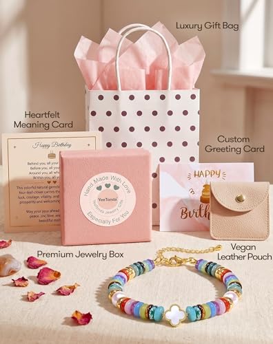 Birthday Jewelry Gifts For Girls Women, Four Leaf Clover & Heart Bracelets - color: Rainbow