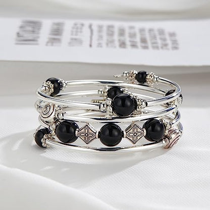Beaded Pearl Bangle Wrap Bracelet - Fashion Bohemian Jewelry Multilayer Charm Bracelet with Thick Silver Metal Beads, Gift For Women - color: Black