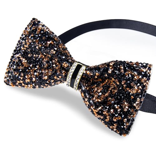 DiBanGu Mens Rhinestone Bow Tie with Ring and Lapel Pin Set | Adjustable Strap,Pre-tied Style,3PCS,Sequin Diamond Bowties，Solid/Mix Color,Shiny Accessory,for Party Prom Banquet Wedding - color: Black and Gold