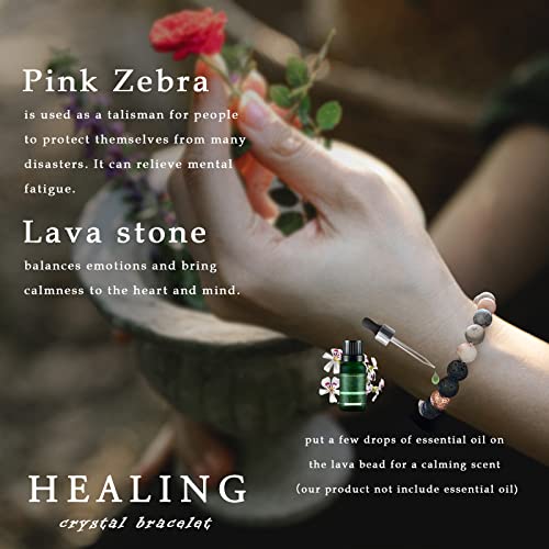 Healing Bracelet For Women Anxiety Beaded Bracelets Jewelry Healing Stone Crystal Bracelet Stress Relief Yoga Beads Chakra Bracelets Gifts For Women pink - color: zebra stone lava rock-1