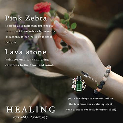Healing Bracelet For Women Anxiety Beaded Bracelets Jewelry Healing Stone Crystal Bracelet Stress Relief Yoga Beads Chakra Bracelets Gifts For Women pink - color: zebra stone lava rock-1