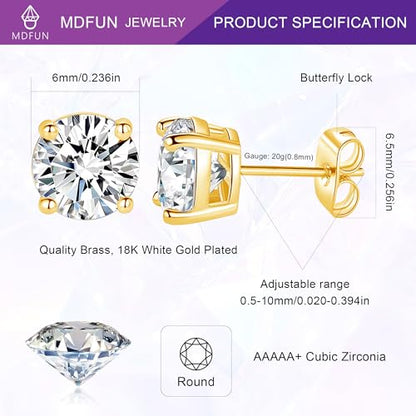 18K White/Yellow Gold Plated Stud Earrings for Men Women 4 Prong Graduated Round Clear Cubic Zirconia Hypoallergenic Earrings Set 3-8MM - color: Yellow Gold Plated, size: 6MM