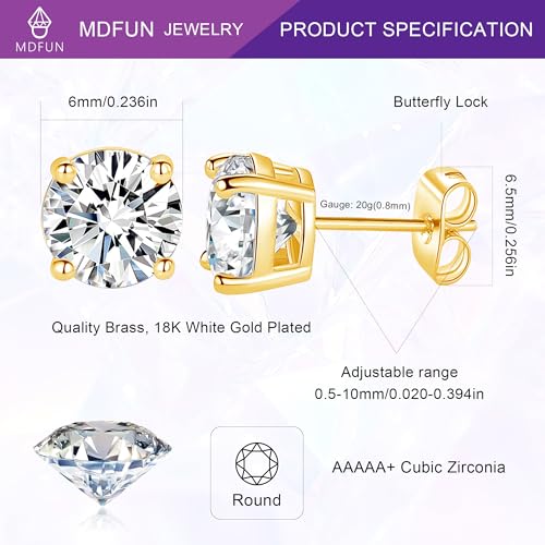 18K White/Yellow Gold Plated Stud Earrings for Men Women 4 Prong Graduated Round Clear Cubic Zirconia Hypoallergenic Earrings Set 3-8MM - color: Yellow Gold Plated, size: 6MM