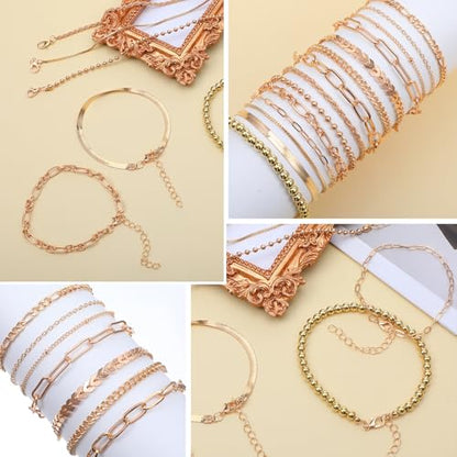 28 PCS Gold Bracelets for Women, 14K Gold Plated Bracelet Stack Bangle Cuff | Bracelet Set for Non Tarnish Bangle Cuff Cuban Link Paperclip Chain Bracelets Jewelry for Trendy Dainty Jewelry Pack for Gift