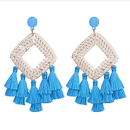 Bohemia Tassel Earrings Statement Handmade Dangle Ethnic Fringe Earrings Bamboo Weaving Geometric Square Sector Gifts for Women - color: G light blue
