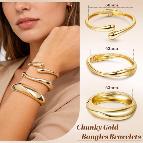 Chunky Gold Bangles Bracelets for Women, 14k Gold Plated Hinged Big Stackable Bangles Set, Trendy Wide Statement Cuff Bracelets Stack Fashion Jewelry Gifts - color: Gold-3pcs-Styles-2