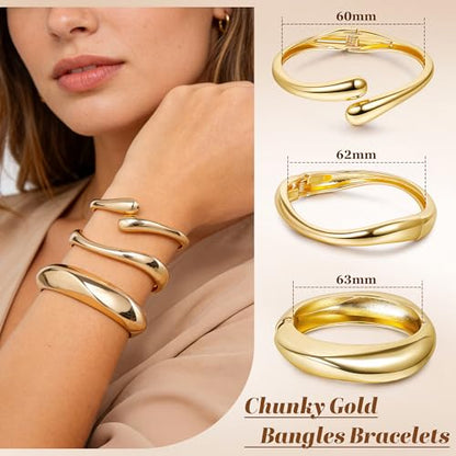 Chunky Gold Bangles Bracelets for Women, 14k Gold Plated Hinged Big Stackable Bangles Set, Trendy Wide Statement Cuff Bracelets Stack Fashion Jewelry Gifts - color: Gold-3pcs-Styles-2
