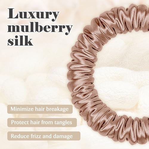 Scrunchies Hair Ties Silk Satin Scrunchy, WantGor Women 4PC Hair Bands | Pure Mulberry Silk Skinny Elastic Scrunchies Bracelets Ponytail Holders Hair Accessories (Black*2, Khaki*2) - color: Black*2, Khaki*2