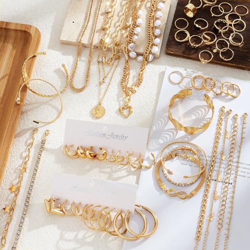 17IF 38-59 Pcs(9-8 Pack) Gold Plated Jewelry Set for Women With 8 Necklace 12 Bracelet 27 Ring 12 Pair Earring Hoop Simple Sparkle for Happy - style: Golden-38Pcs