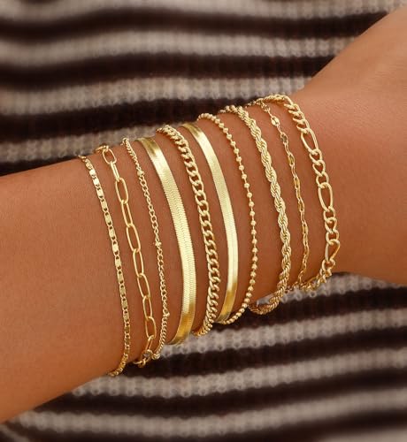 Gold Bracelets Set for Women Trendy, 14K Real Gold Plated Jewelry for Women Dainty Chain Bracelet Stack, Non Tarnish Gold Stackable Bracelets Pack Fashion Accessories Gifts - color: Style2-gold