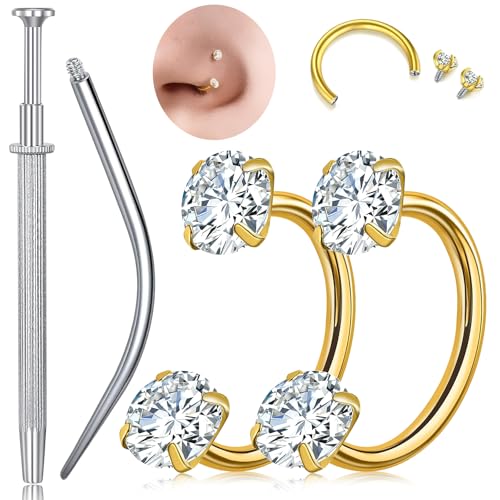 G23 Titanium Horseshoe Nose Ring 20G, 2 Pcs Double Gem Nose Ring for Women, 6mm 7mm 8mm Hypoallergenic Horseshoe Nose Rings Helix Tragus Earring Hoops Labret Lip Piercing Jewelry Small Septum Rings - color: 20G-8mm-2Pcs-Gold-White CZ
