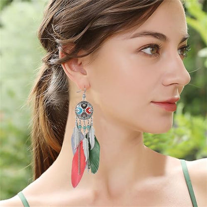 Dreuyet Boho Long Feather Drop Dangle Earrings for Women Retro Bohemian Ethnic Fringe Multicolor Tassel Feather Earring Handmade Statement Dream Catcher Earrings Jewelry - color: Lightcolor Round Heart