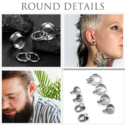 2 Pairs Stainless Steel Ear Plugs Tunnels Set with 2 Stacked Rings, Round & Teardrop Gauges for Ears, Hypoallergenic Surgical Steel Ear Stretcher Expander Body Jewelry - color: Silver, size: 16mm(5/8 inch)