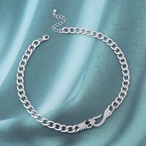 Snake Choker Necklace for Women Gold Crystal Serpent Pendant with Cuban Chain Fashion Accessories Jewelry Gifts - color: Silver