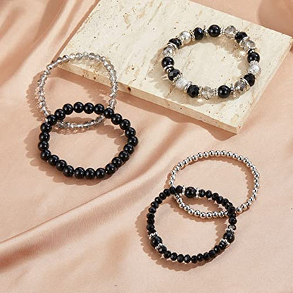 Noessla Beaded Pearl Stretch Bracelet Silver Stackable Crystal Beads Bracelets Trendy Costume Jewelry Mothers Day Gifts for Women - color: Black
