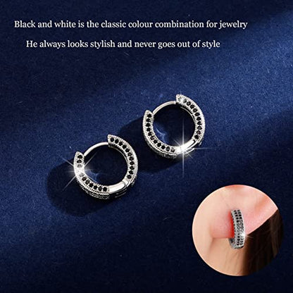 Iced Out Hoop Earrings Cubic Zirconia Huggie Cartilage Cuff Hypoallergenic 14K Gold Plated Luxury Fashion Round Circle Earrings For Men Women - color: 02 SilverBlack