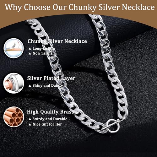 CHESKY 14K Gold Plated Chunky Necklace for Women, Trendy Toggle Clasp | Statement Pendant Necklace, Layered Paperclip Chain, Toggle Clasp Design, Thick Gold Chain, Non Tarnish Everyday Jewelry - color: silver, style: cuban