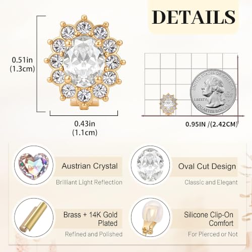 EVEVIC Oval Austrian Crystal Halo Clip On Earrings for Women | Oval Austrian Crystal with Zircon Halo,14K Gold-Plated,Silicone Comfort Pad,Gift Box Included,For Daily and Evening Events - color: White Clear