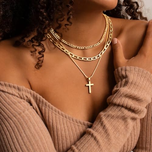 M MOOHAM Cross Necklace for Women Non Tarnish - 14K Gold Plated Dainty Clover Cross Layered Necklaces Stack Set Herringbone Figaro Paperclip Chain Necklace Trendy Religious Baptism Faith Jewelry Gifts - color: cross-figaro paperclip box chain