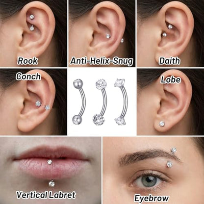 6 Pcs Bridge Piercing Jewelry - Stainless Steel Curved Barbell Piercing Jewelry, 16 Gauge 10mm Eyebrow Rings, Nose Bridge, Surface Tragus Earrings